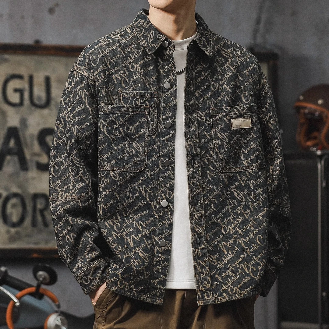 牛仔衬衫外套男秋季新款美式复古衬衣高级感痞帅长袖提花夹克衫潮