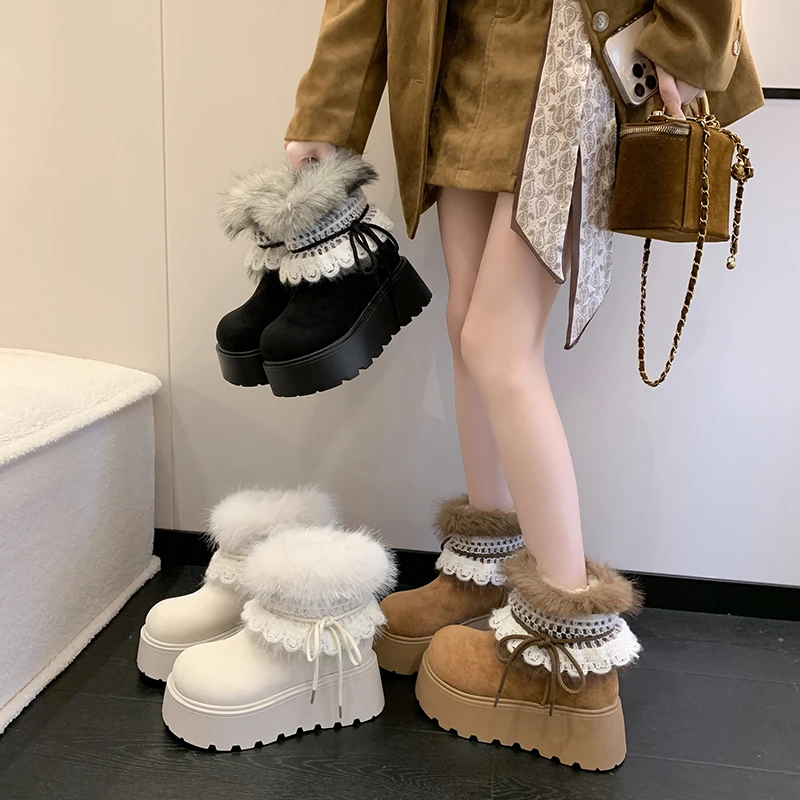 费尔岛复古加绒毛毛雪地靴女款外穿2025冬季新款百搭加绒保暖棉鞋
