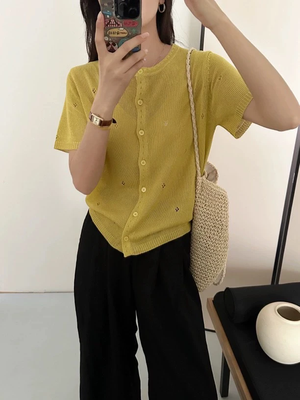 镂空开衫夏季透气圆领毛针织衫短袖休闲上衣