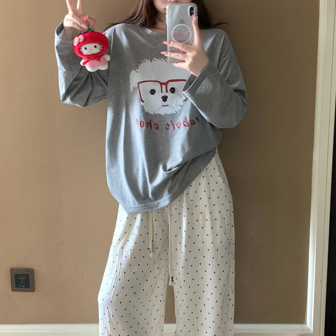 睡衣女春秋季云朵棉长袖大码2025新款可外穿眼镜狗套装时尚家居服