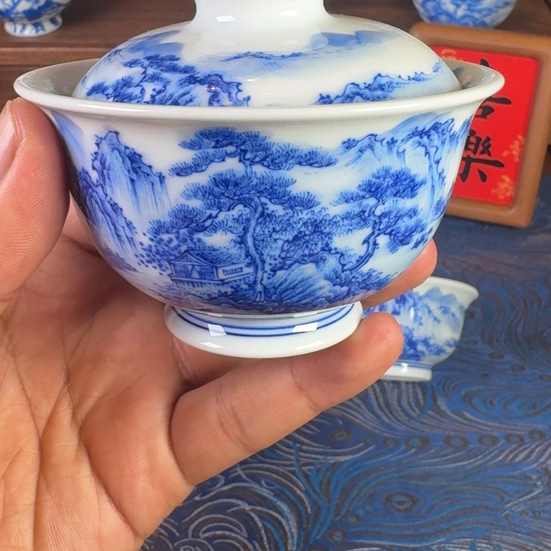 景德镇全手工手绘青花山水两才盖碗