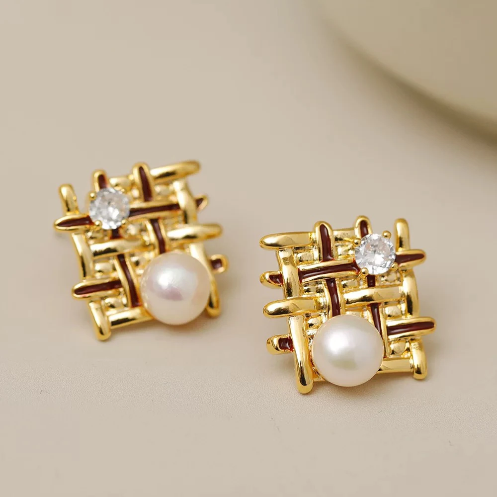 铜合金耳饰 【编织网状耳环】天然淡水仿珍珠耳钉撞色滴油方形