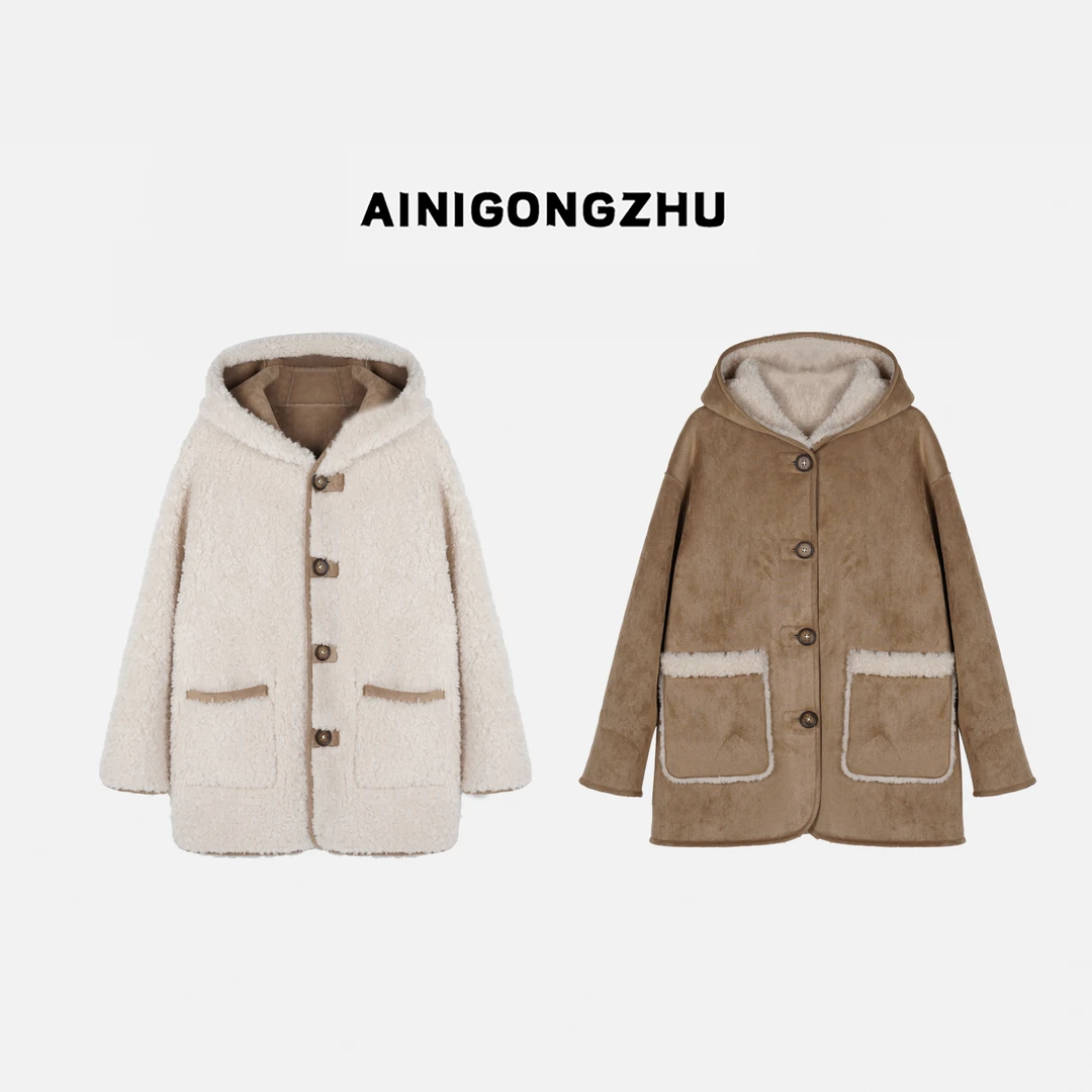 AINIGONGZHU/艾妮公主25冬两面穿中长款连帽100全羊毛外套K25801