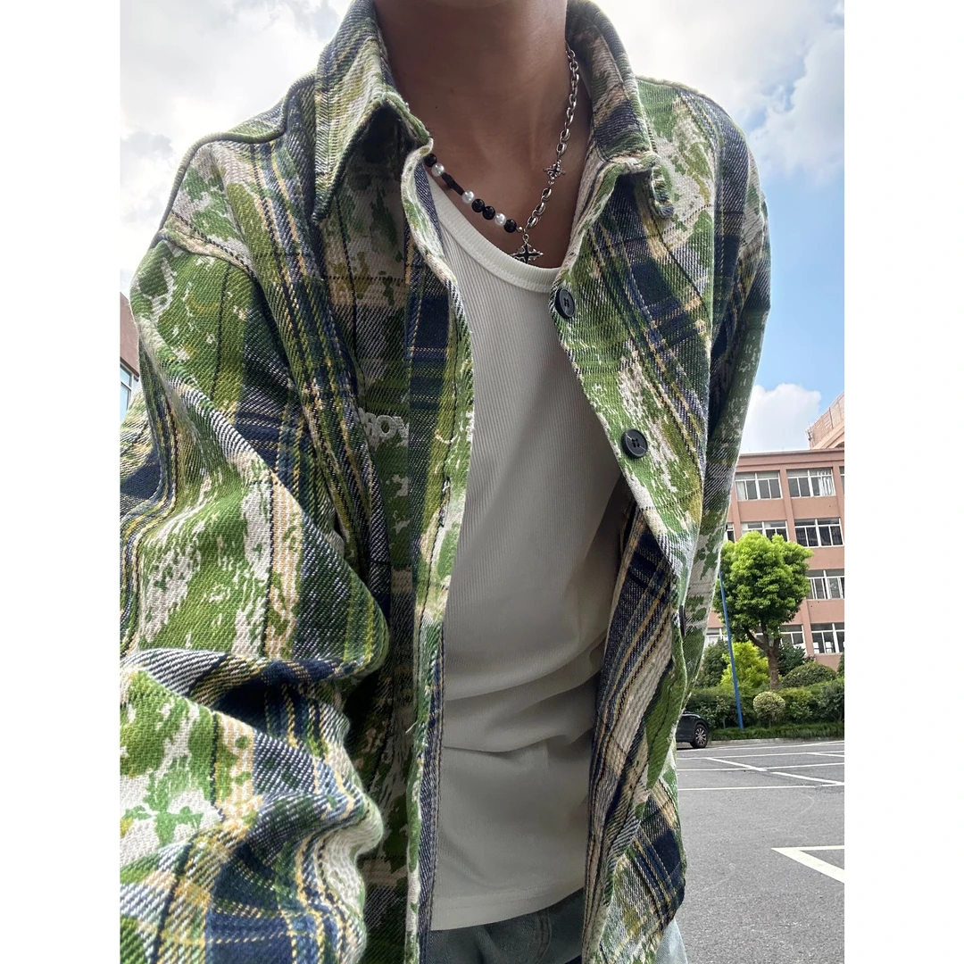 美式复古扎染绿色格子衬衫男春秋季cleanfit长袖磨毛宽松情侣外套
