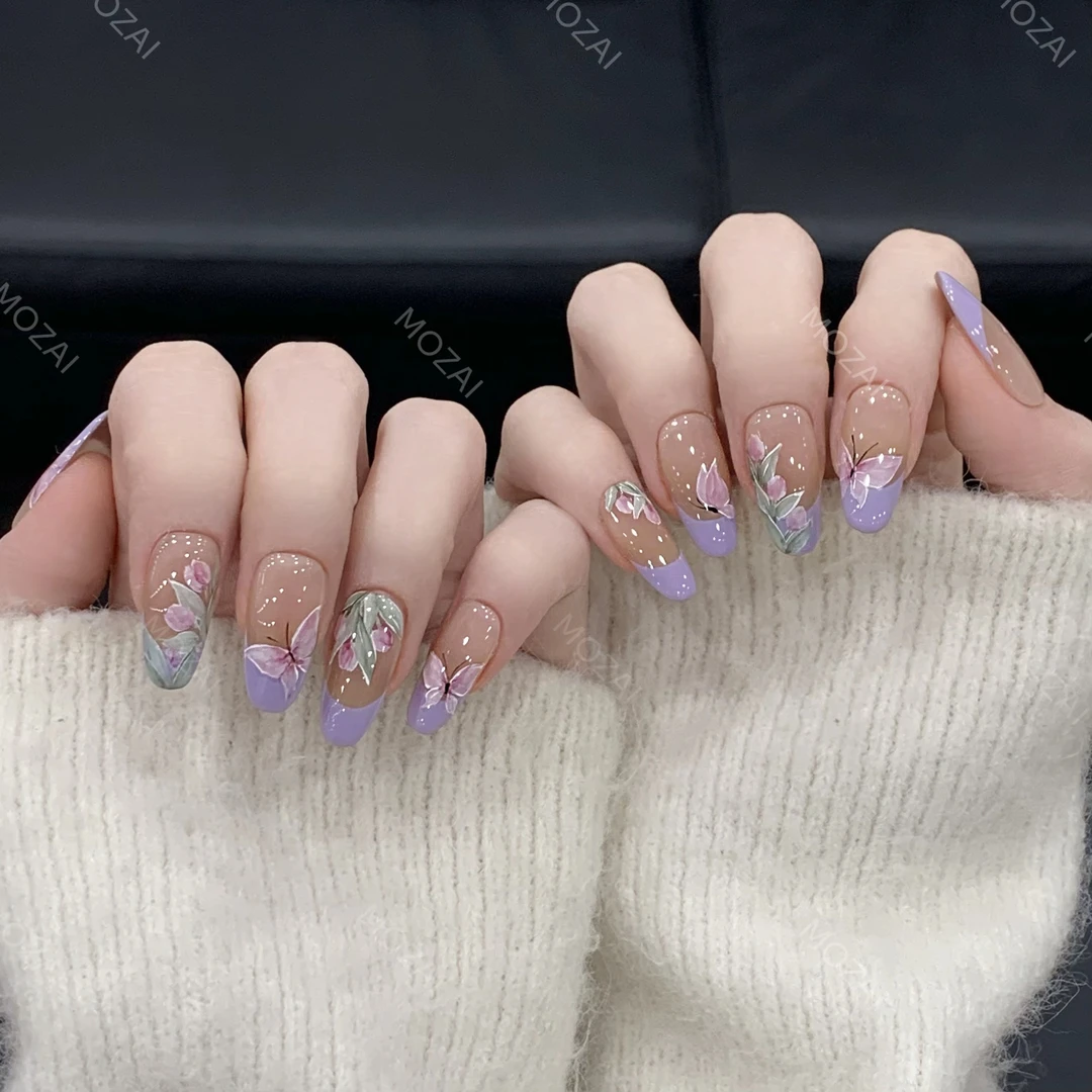 茉哉高定清现货【水彩手绘/并蒂双生】纯手工定制美甲穿戴甲F0038 Q