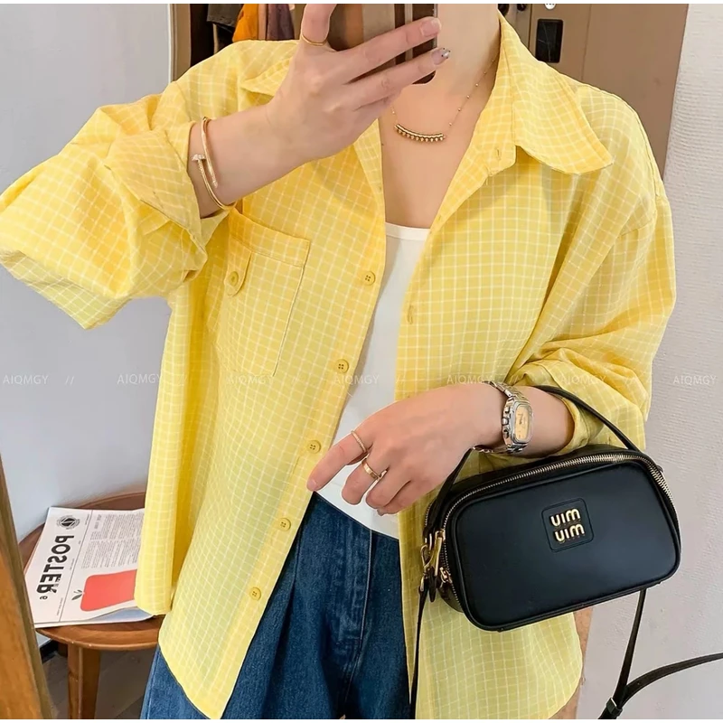 823法式复古翻领休闲黄色防晒衬衫女2025夏季新款宽松慵懒．小香风