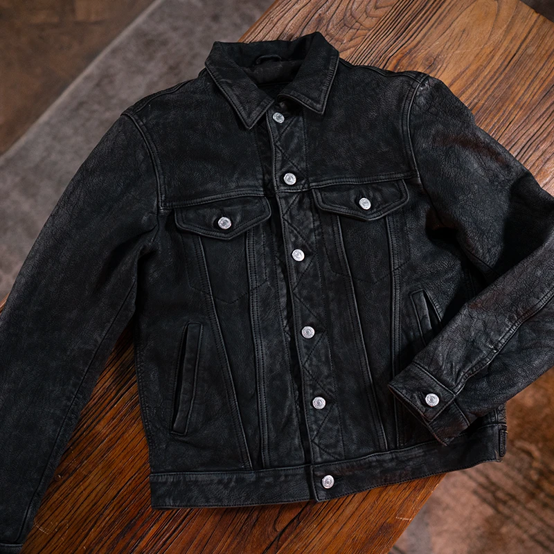 莫臣男士翻领短款山羊皮休闲夹克外套男士真皮雪花洗山羊2019-34