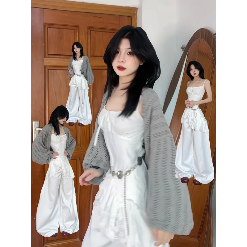 吊带背心外穿无袖上衣镂空针织开衫外搭罩衫上衣直筒宽松阔腿裤子