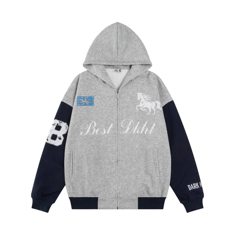 美式学院宽松运动街头复古战马印花复古字母拼色连帽开衫卫衣外套