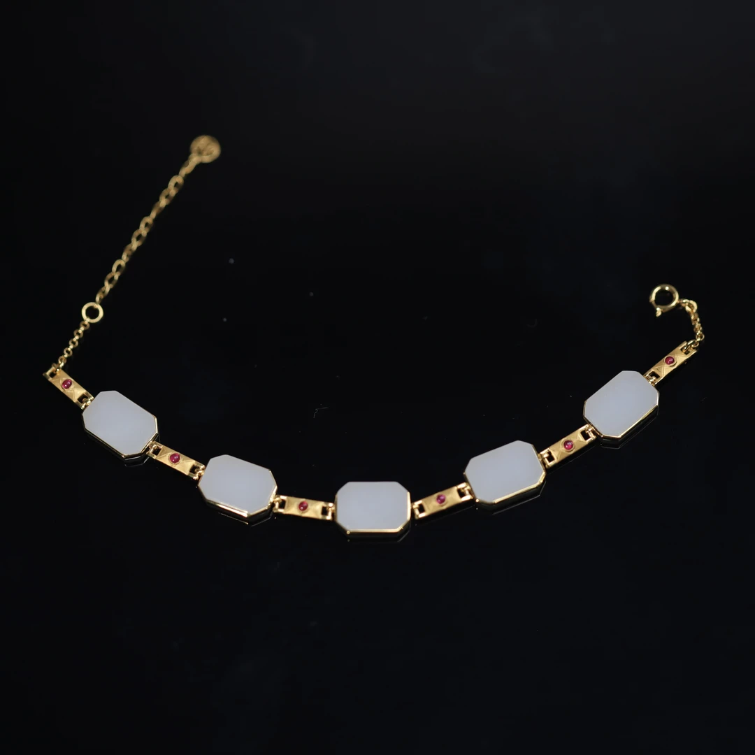 新疆和田玉平安无事牌手链新中式小众精致18K金气质轻奢时尚百搭