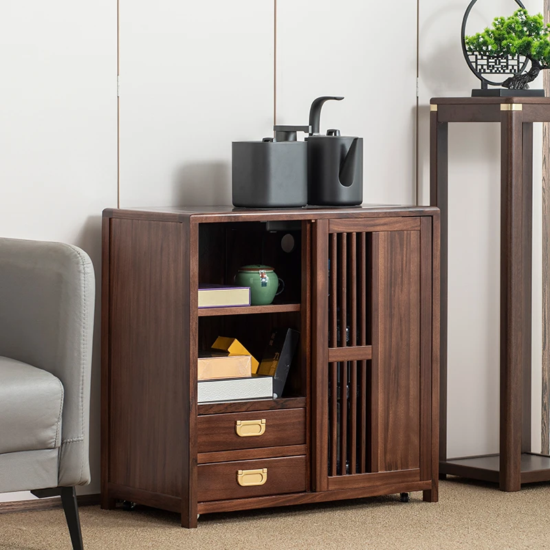 乌金木茶水柜实木可移动茶桌边柜烧水壶一体沙发边几中式客厅茶柜