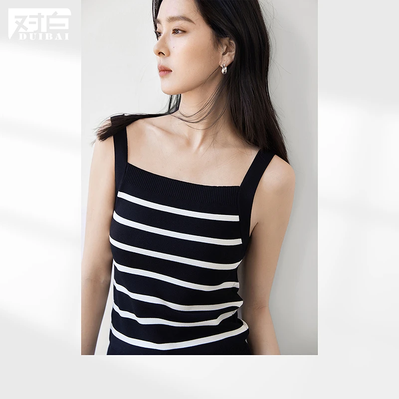 对白黑白条纹针织吊带小背心女2025夏季新款方领显瘦无袖内搭上衣