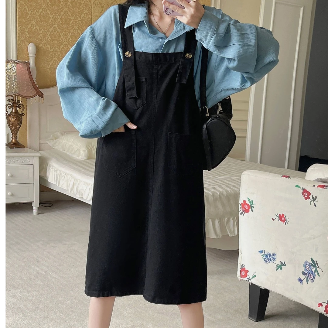 【樱桃】背带款夏季半开领背带高腰连衣裙韩版宽松显瘦百搭牛仔复古