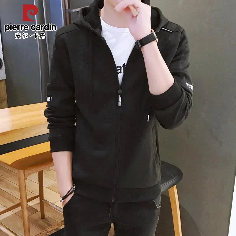 皮尔卡丹男士休闲开衫卫衣春秋季新款宽松韩版百搭青少年连帽外套
