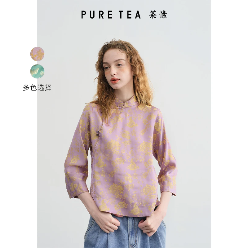 【蝶恋花】puretea茶愫牡丹提花中式斜襟衬衫女2024秋新KJ0102D11