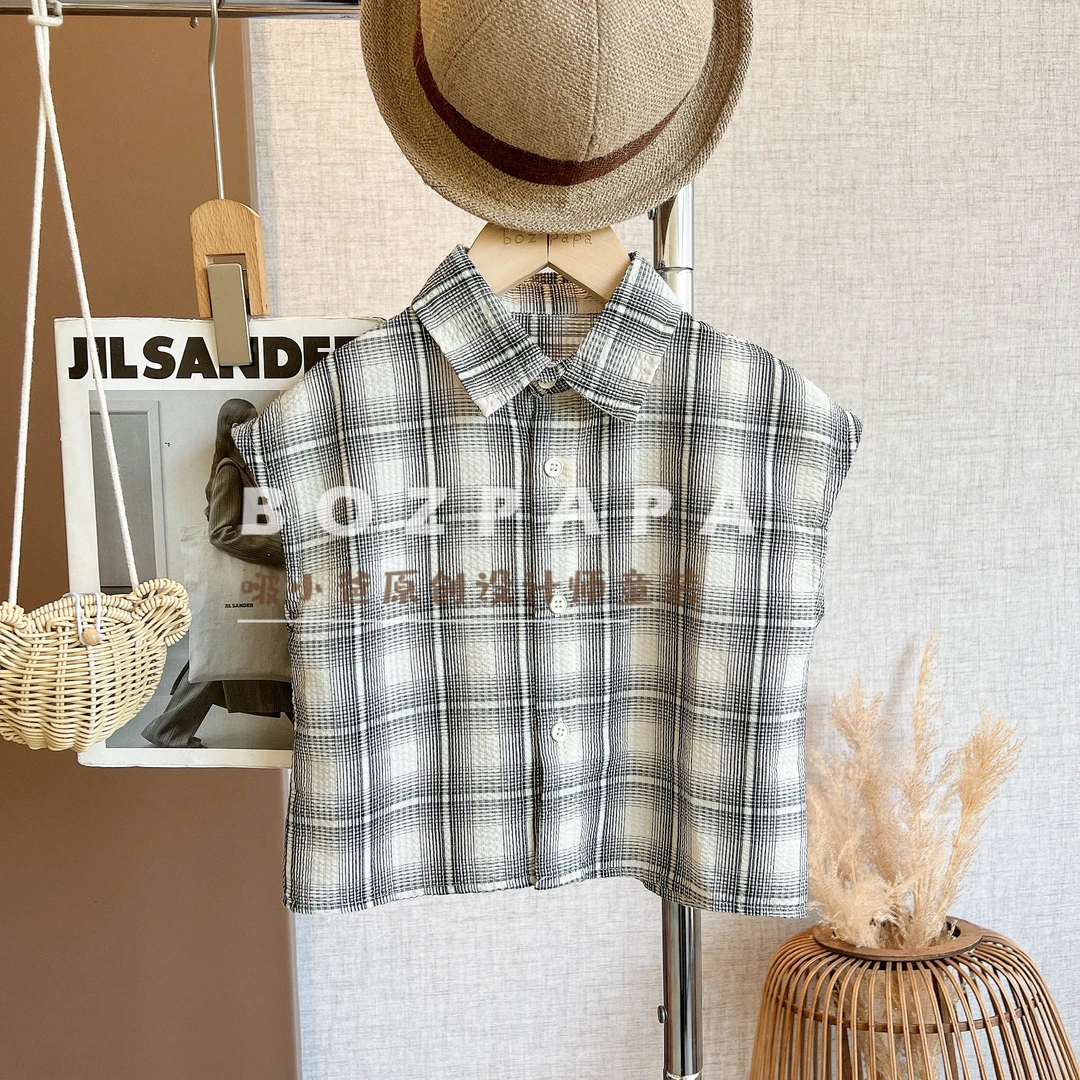 现货蓝麦麦【探险家密码】2025夏季男童韩系休闲格纹设计无袖衬衫