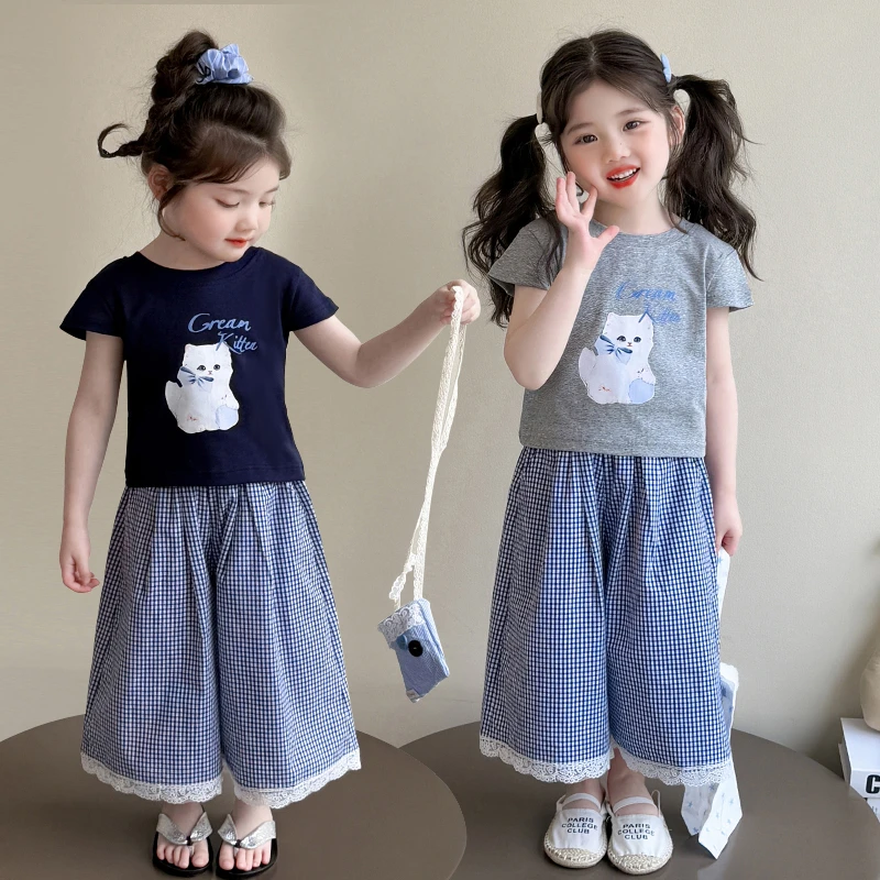 女童格子裤套装夏季2025新款儿童休闲夏装女宝宝短袖阔腿裤两件套