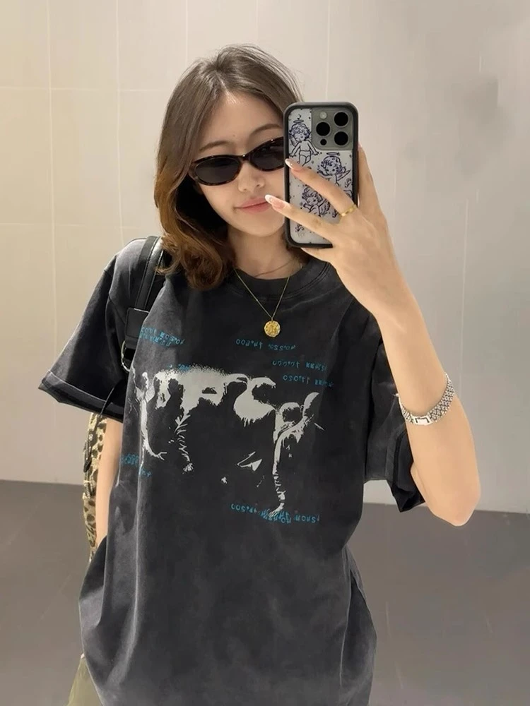 美式复古水洗做旧印花大版短袖t恤女夏季款宽松显瘦时尚辣妹上衣