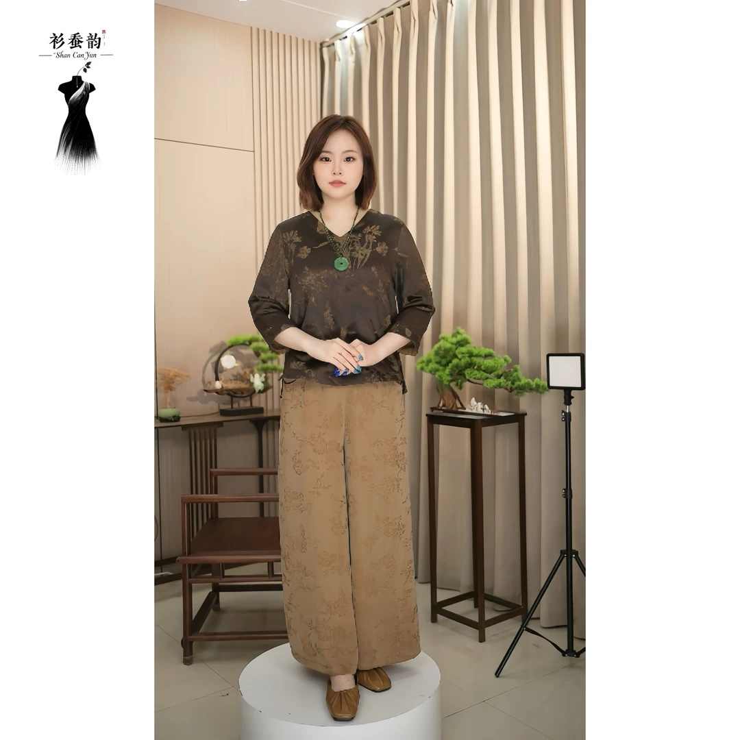 【浅烟罗】夏季提花阔腿直筒裤砂洗工艺更高级夏季新中式长款宽松