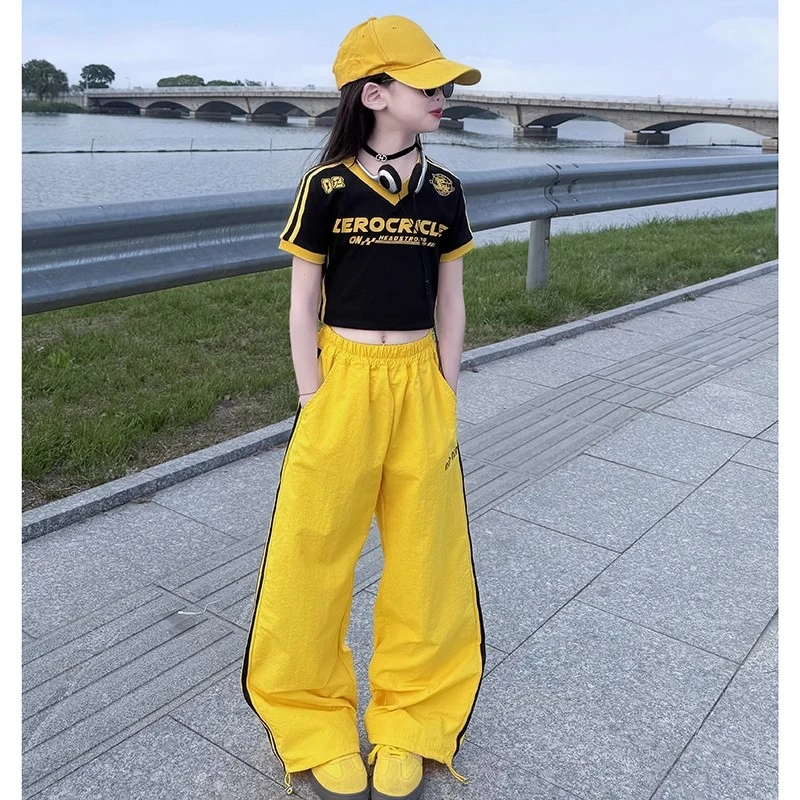 女童夏季新款美式复古条纹短袖T恤阔腿裤两件套中大童宽松套装潮