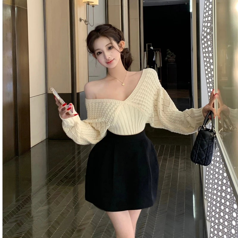 巨美时尚穿搭时髦甜心法式千金一字肩毛衣高腰褶皱花苞半裙套装