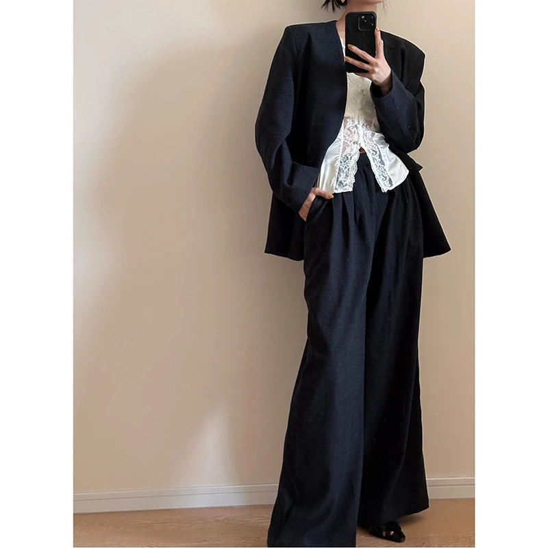 2025秋季新款时尚蕾丝内搭黑色宽松百搭西装外套休闲简约阔腿裤女