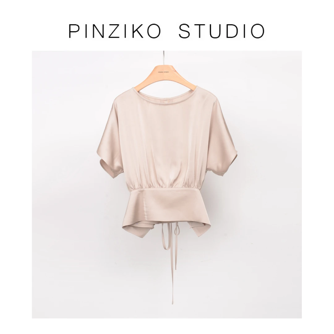 pinziko琼瑶~法式缎感香槟色衬衫女夏季时尚百搭细带T恤TJF139