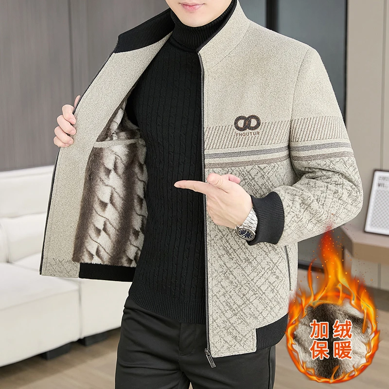 秋冬季加绒加厚夹克男士短款毛呢外套2025新款潮流男装立领茄克衫
