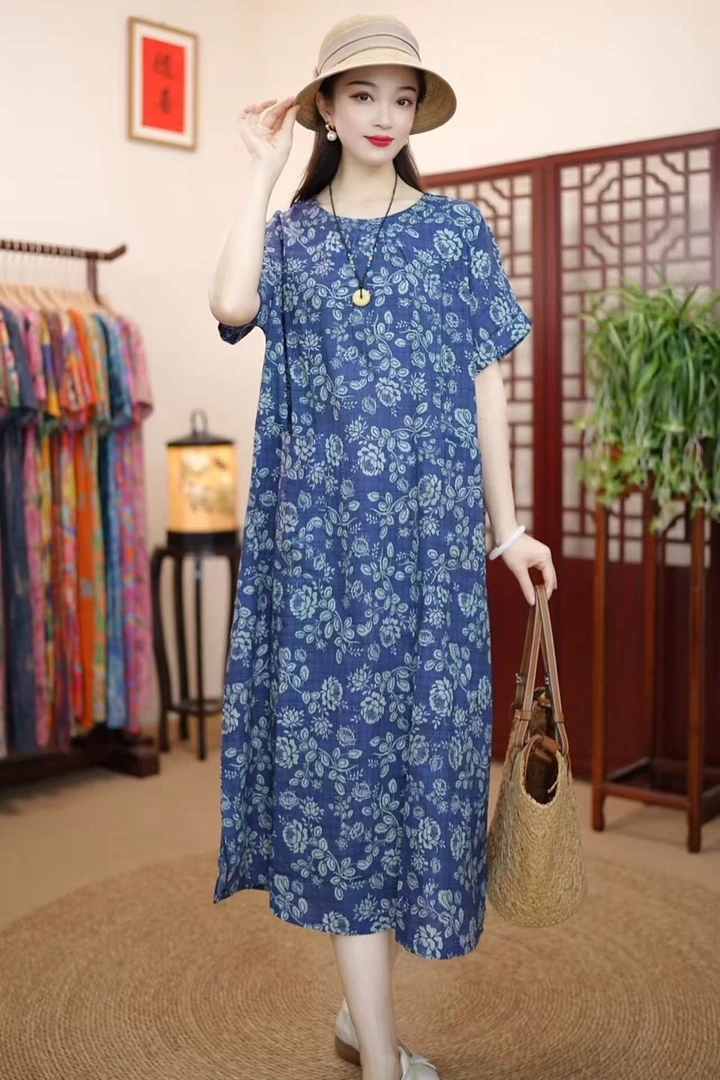 [青花]夏季新款高级气质棉麻柔软遮肚宽松显瘦连衣裙子妈妈装