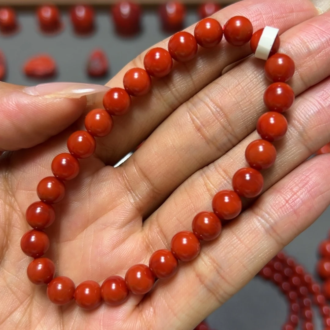 南红玛瑙未镶嵌手串 柿子锦 约7mm 满肉