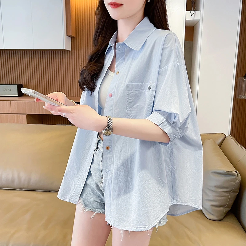 彩色扣薄款短袖衬衫少女夏季2025新款初高中学生宽松休闲外穿衬衣