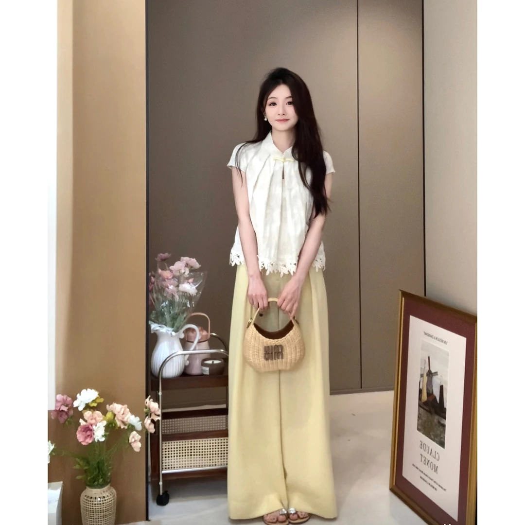 【京都茶会】浮雕新中式 亚麻短袖上衣 天丝麻高腰阔腿裤两件套