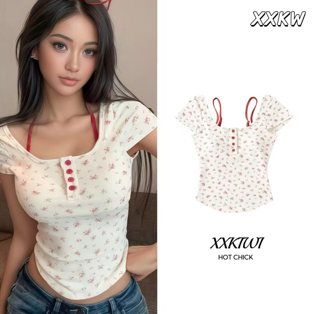 ♡XXKIWI♡韩系碎花假两件短袖t恤女夏季修身短款纯欲露背正肩上衣