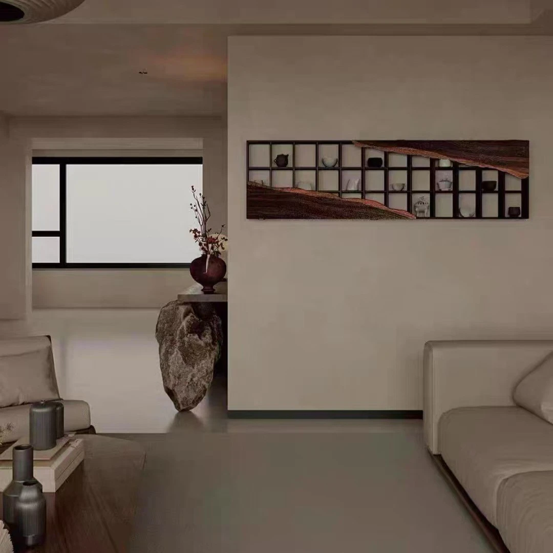 侘寂风博古架实木茶杯架多宝阁壁挂式置物古董架子客厅墙面收纳柜