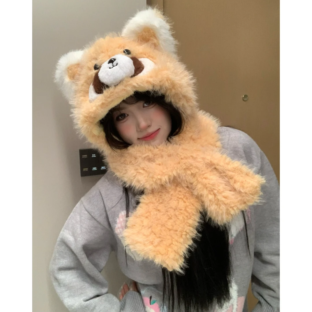 小浣熊毛绒帽子围巾一体女款冬季加绒加厚保暖防寒护耳帽骑行帽子