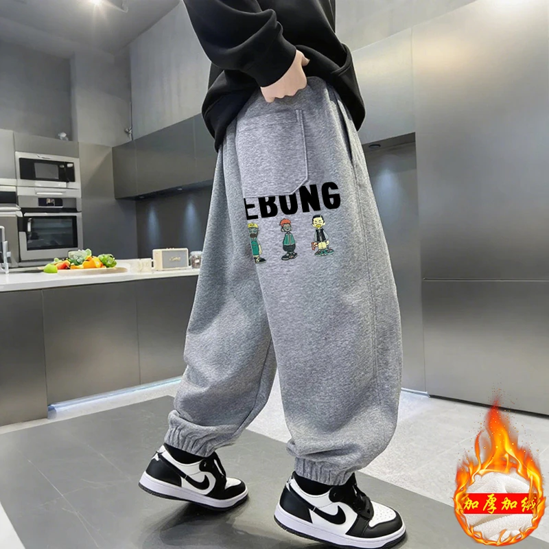 男童卡通印花加绒卫裤2025年秋冬新款束脚休闲裤帅气中大童运动裤