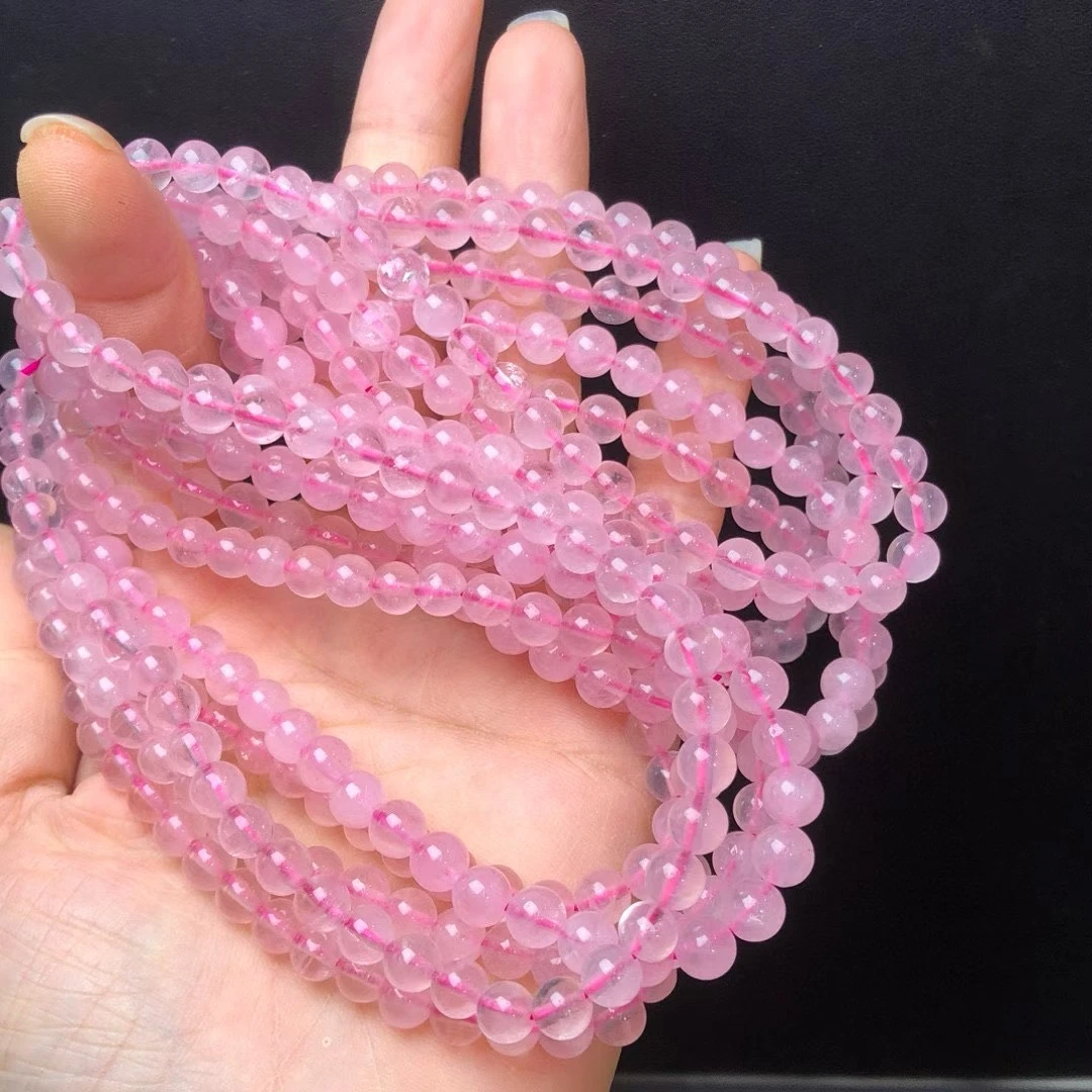 天然粉水晶三圈6mm+马达加斯加粉水晶三圈手串项链可塘批发价跑量