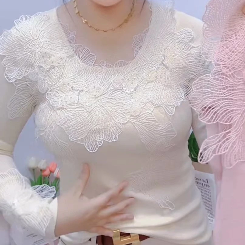 欧洲站2024秋冬新款欧货女时尚温柔超仙蕾丝边烫钻打底衫25008