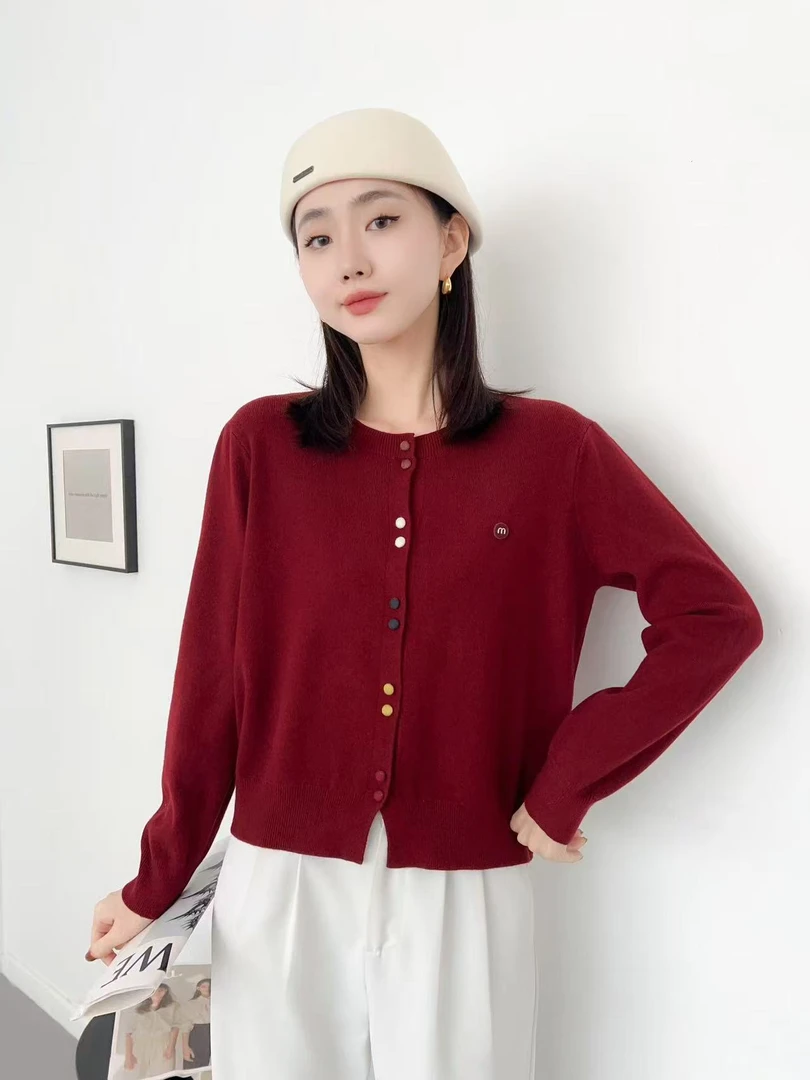 2675-1早春法式小个子百搭圆领开衫毛针织衫休闲风上衣纯色开衫款