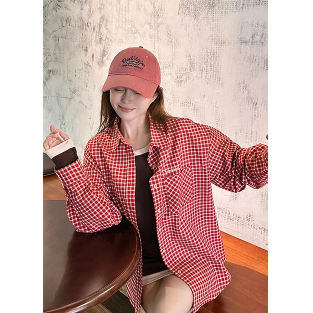 韩系小个子百搭小众慵懒风红格纹衬衫宽松长袖显瘦减龄上衣女