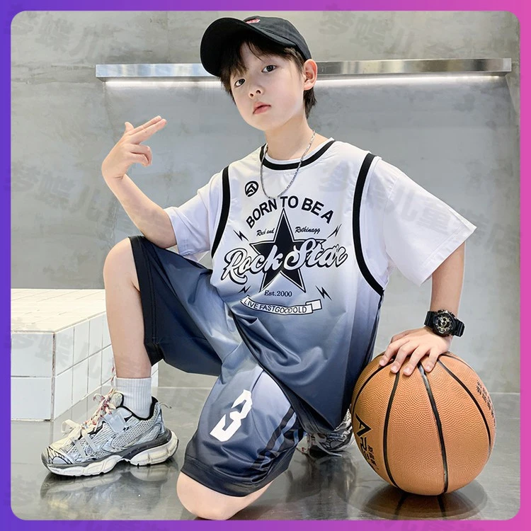 男童篮球服2025夏季短袖运动套装儿童中大童速干渐变色球衣潮