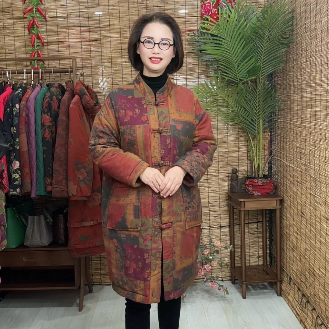 立领印花长袖棉衣棉服盘扣外套加厚保暖中长款提花冬季棉袄2500