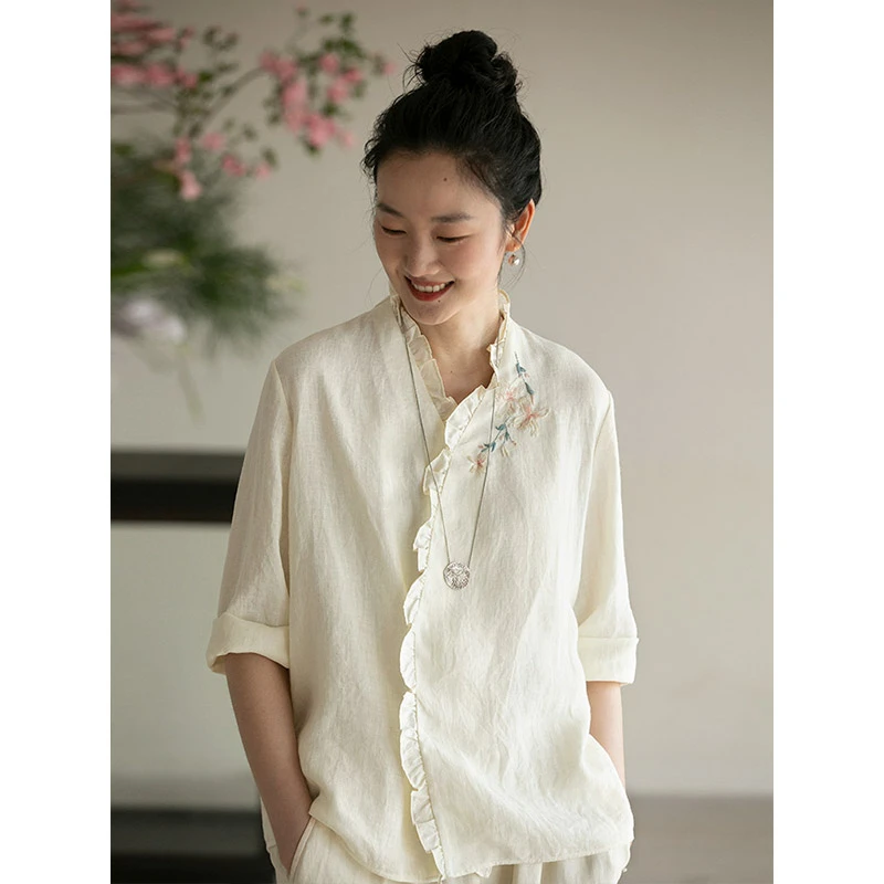 牧衣原创 手工刺绣汉麻短外套夏新品轻薄透气禅意复古开衫 片隅