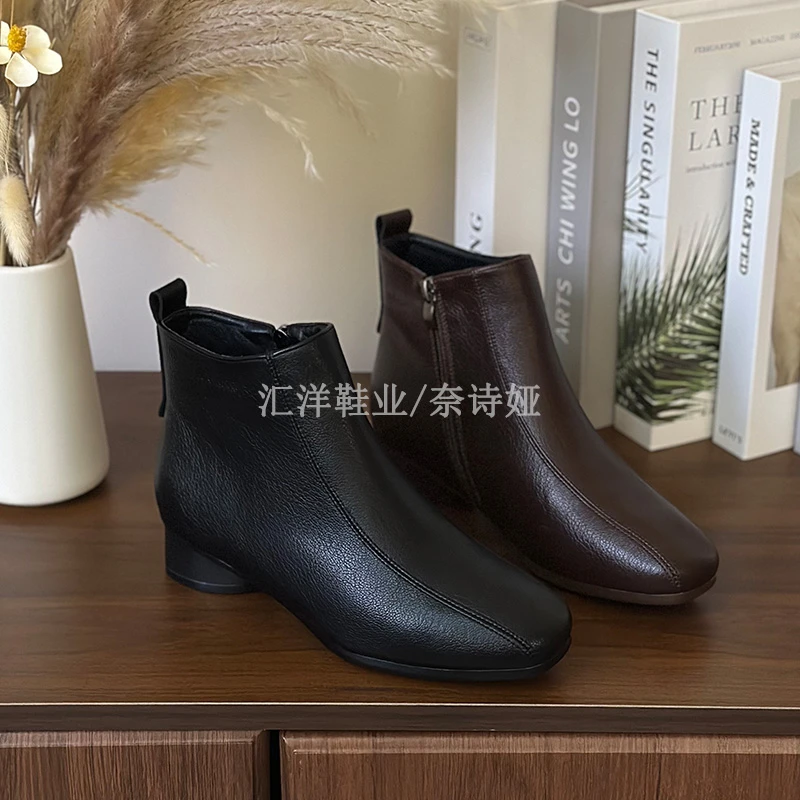 3cm/牛皮/法式新款小短靴女软皮粗跟女士方头切尔西靴百搭裸靴秋