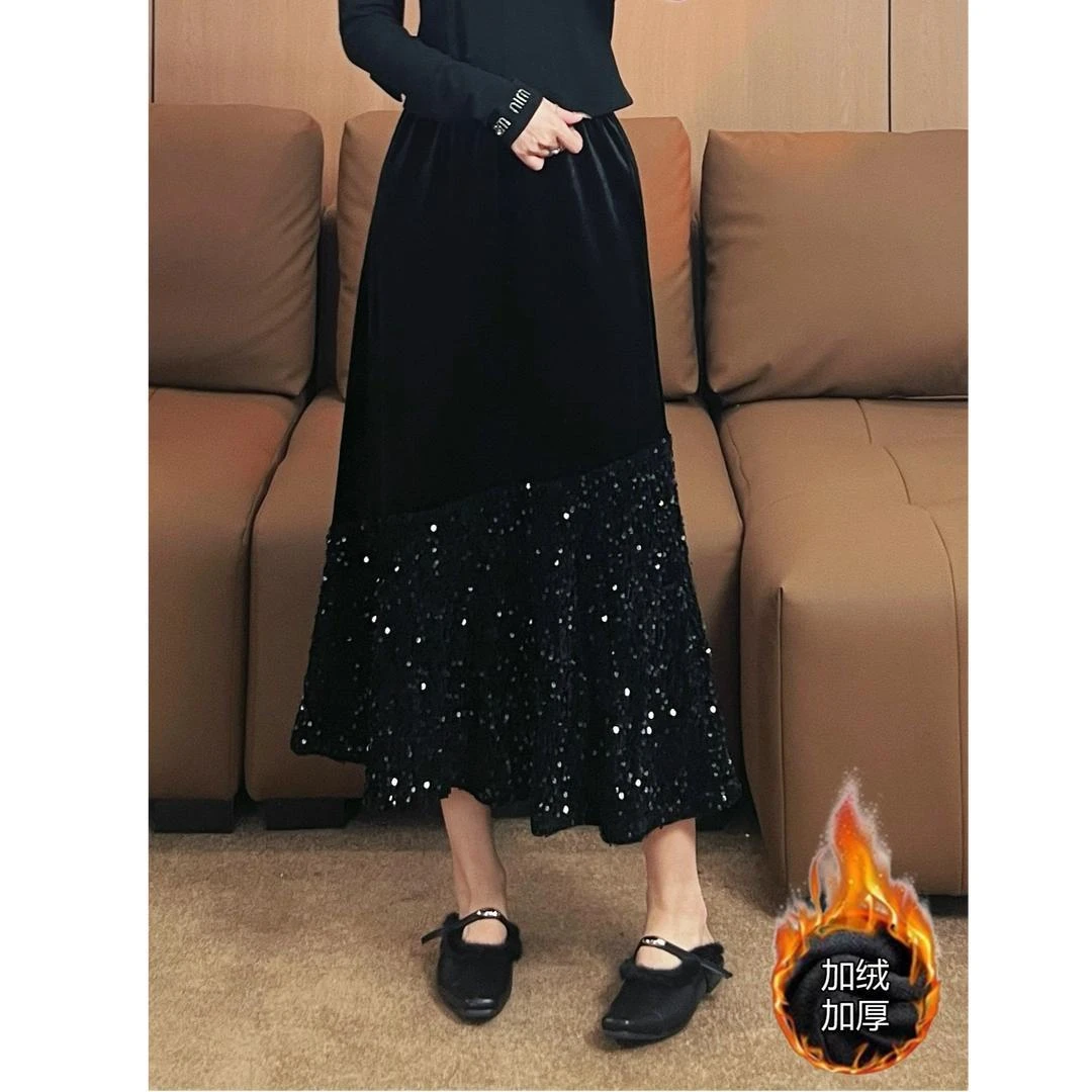 大码女装冬季加绒加厚新款亮片半身裙中长款-6784