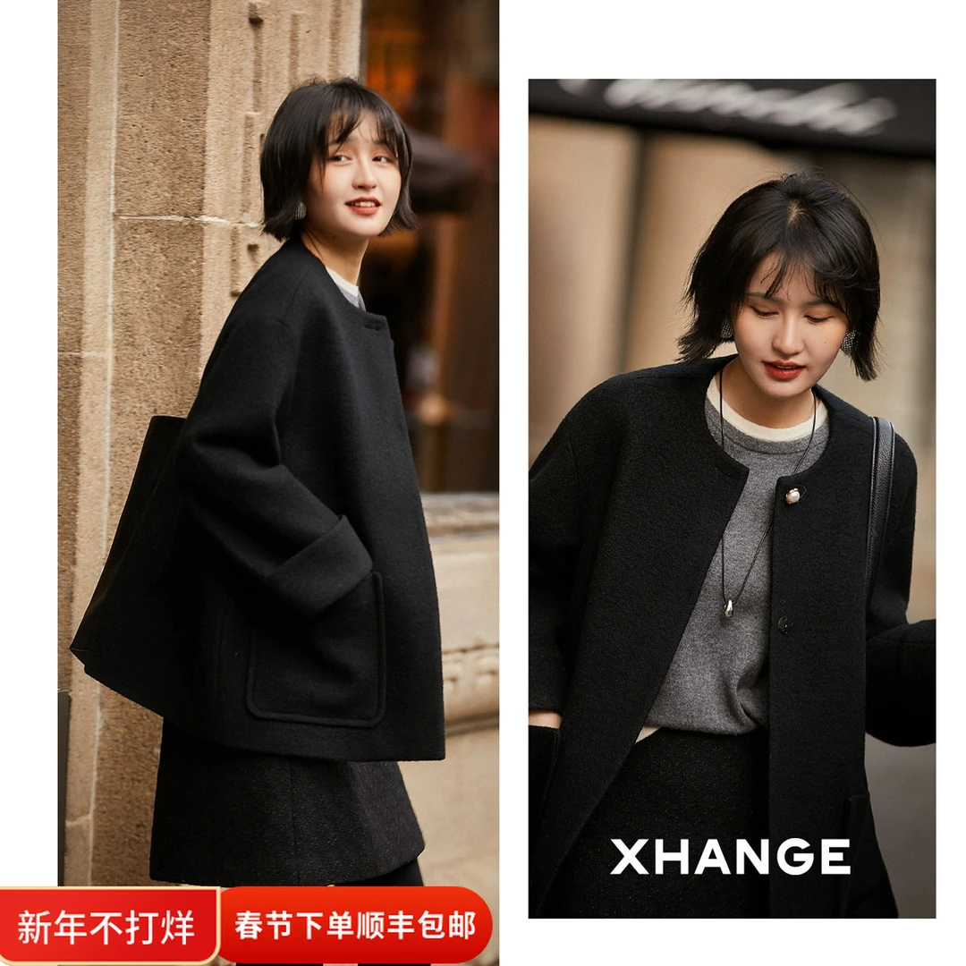 笑涵阁 狄安娜大衣 意大利缩绒气质圆领外套SME765843VG