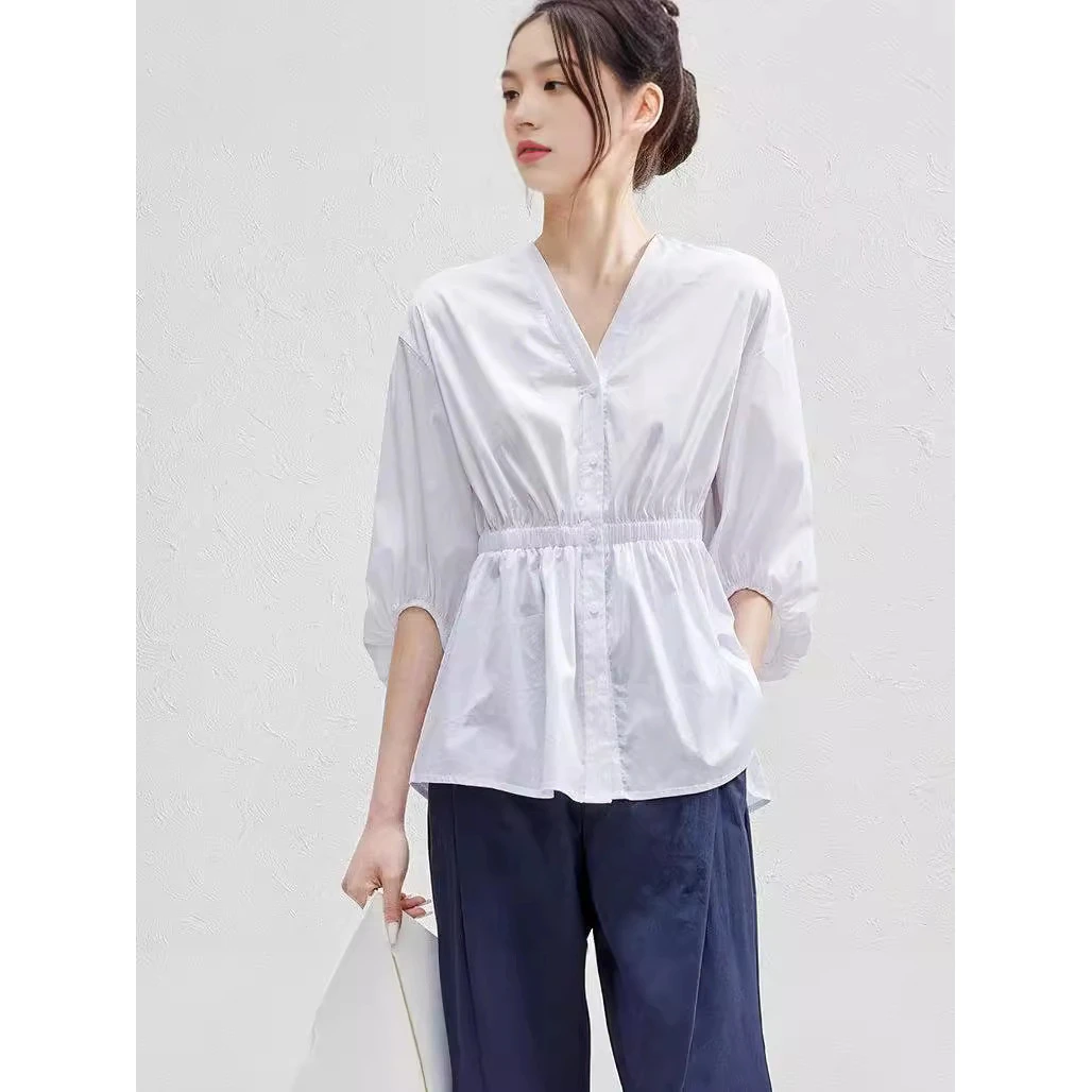2025夏装新款百搭V领气质衬衣外穿小衫收腰时尚衬衫女七分袖显瘦