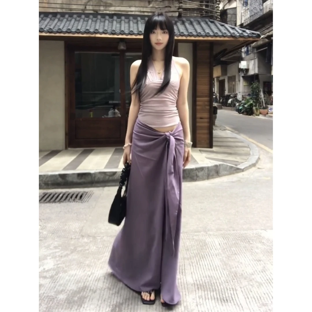 bm风性感烫钻v领挂脖吊带背心女夏季美式辣妹褶皱露肩无袖上衣潮