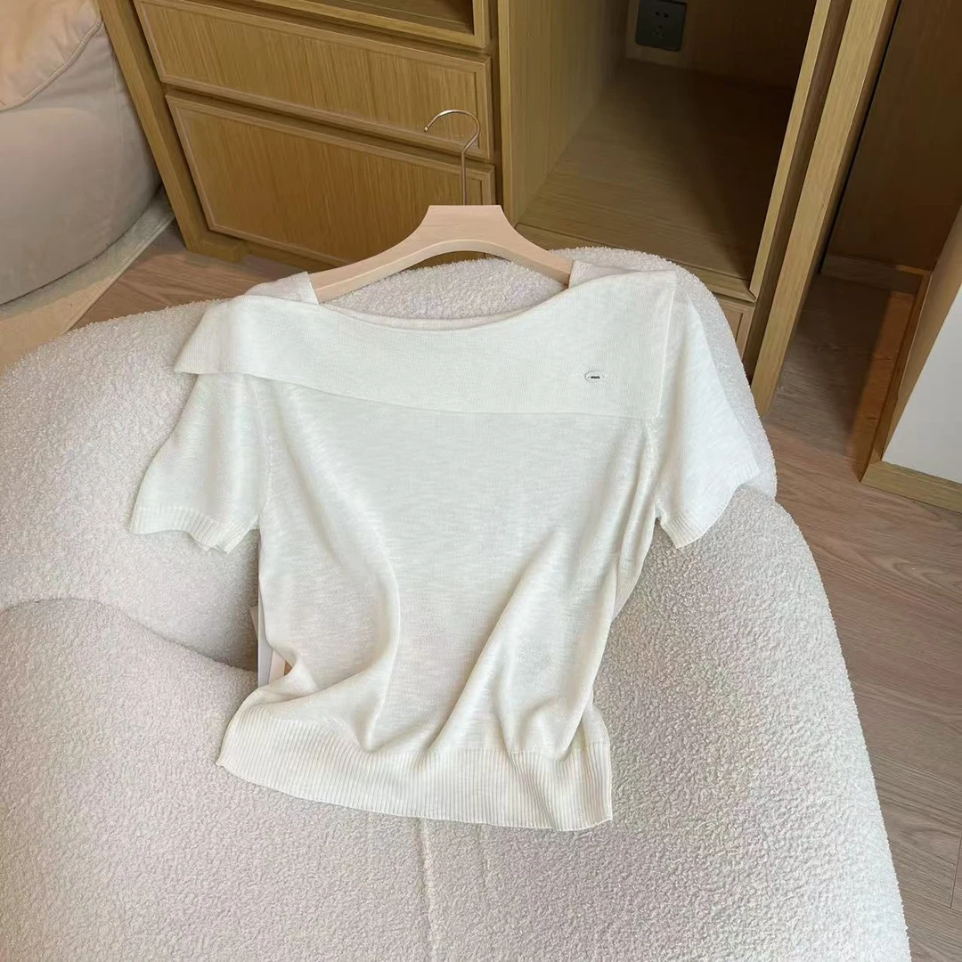 Barbie Jingni 【清清浮力】简约纯色一字领气质针织短袖百搭2833