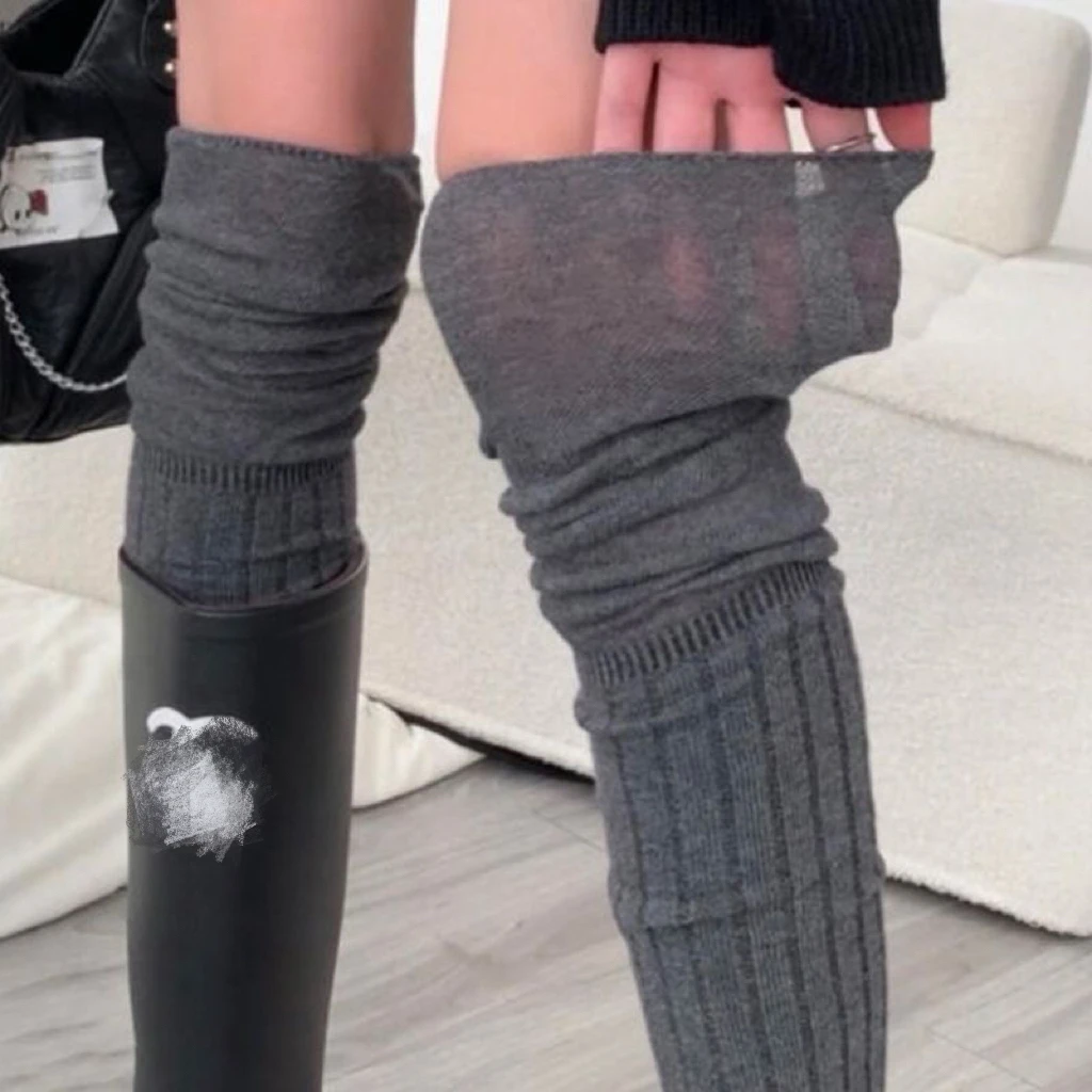 高级灰过膝长筒袜小众慵懒风纯色网红袜搭配靴子